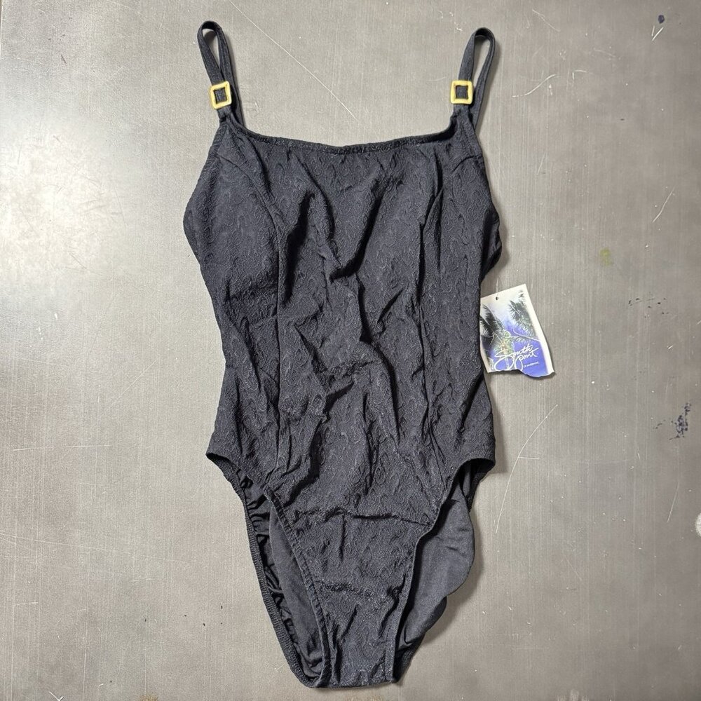 Vintage South Point Jantzen One Piece Swimsuit Swim Black Jacquard‎ USA 12